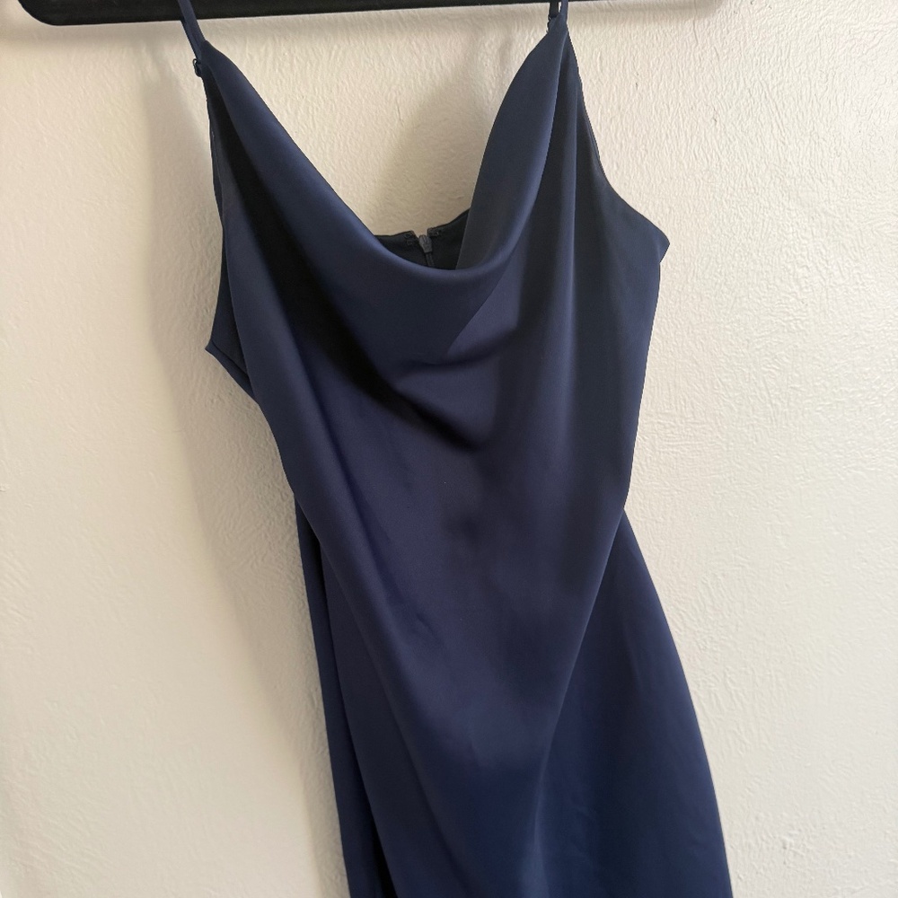 Navy cowl neck silk mini dress